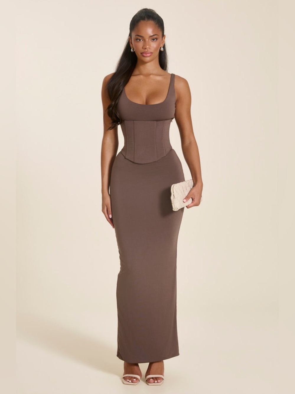 MARS THE LABEL THE SANDRA SCOOP CORSET MAXI DRESS IN BROWN size UK16 US 12